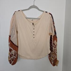 Free People Light Magic Henley Top Size XS Cream Combo Balloon Patchwork Sleeves